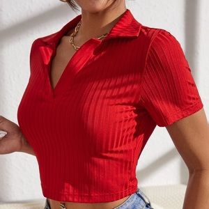 Red Collared Ribbed Knit Crop Too